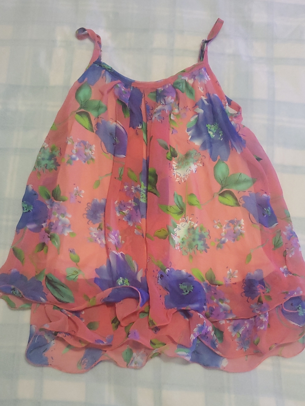 Women Coral Pink Floral Chiffon Tank Top